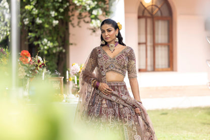 Dusty Rose Heavy Embroidered Bridal Lehenga Set with Net Dupatta