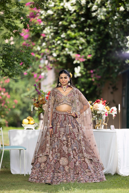 Dusty Rose Heavy Embroidered Bridal Lehenga Set with Net Dupatta