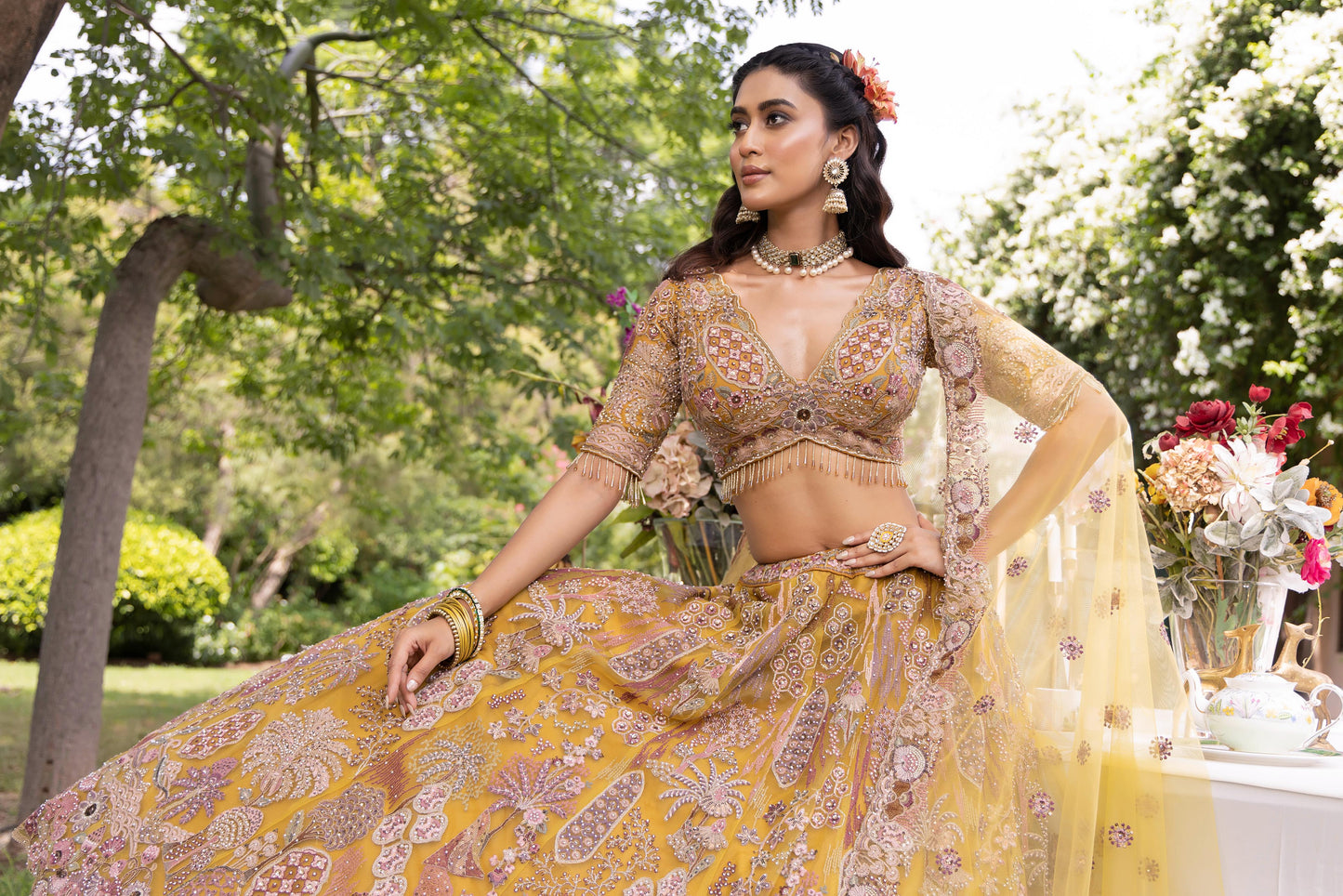 Mustard Gold Embroidered Designer Lehenga Set with Dupatta