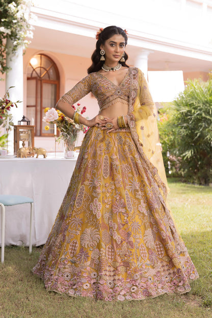 Mustard Gold Embroidered Designer Lehenga Set with Dupatta