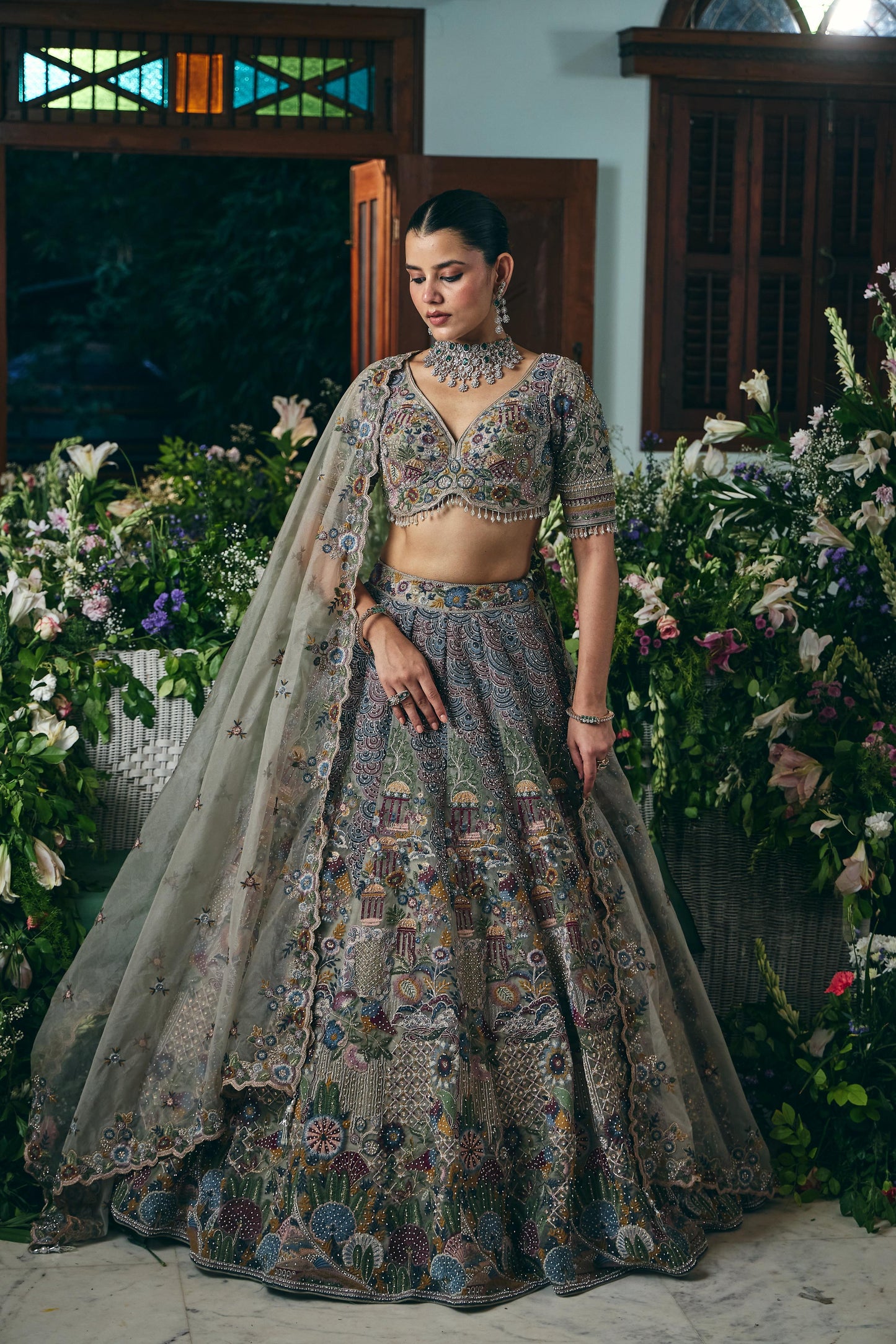 Enchanted Garden Pastel Bridal Lehenga Set with Heavy Multicolor Embroidery
