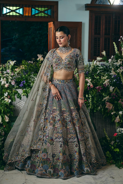Enchanted Garden Pastel Bridal Lehenga Set with Heavy Multicolor Embroidery