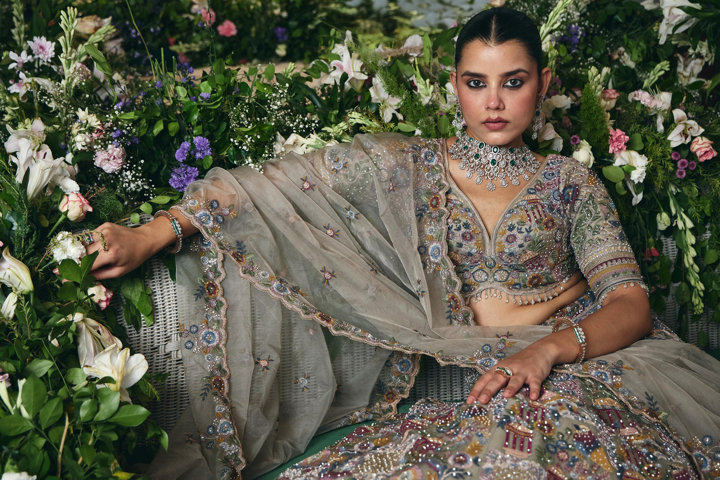 Enchanted Garden Pastel Bridal Lehenga Set with Heavy Multicolor Embroidery