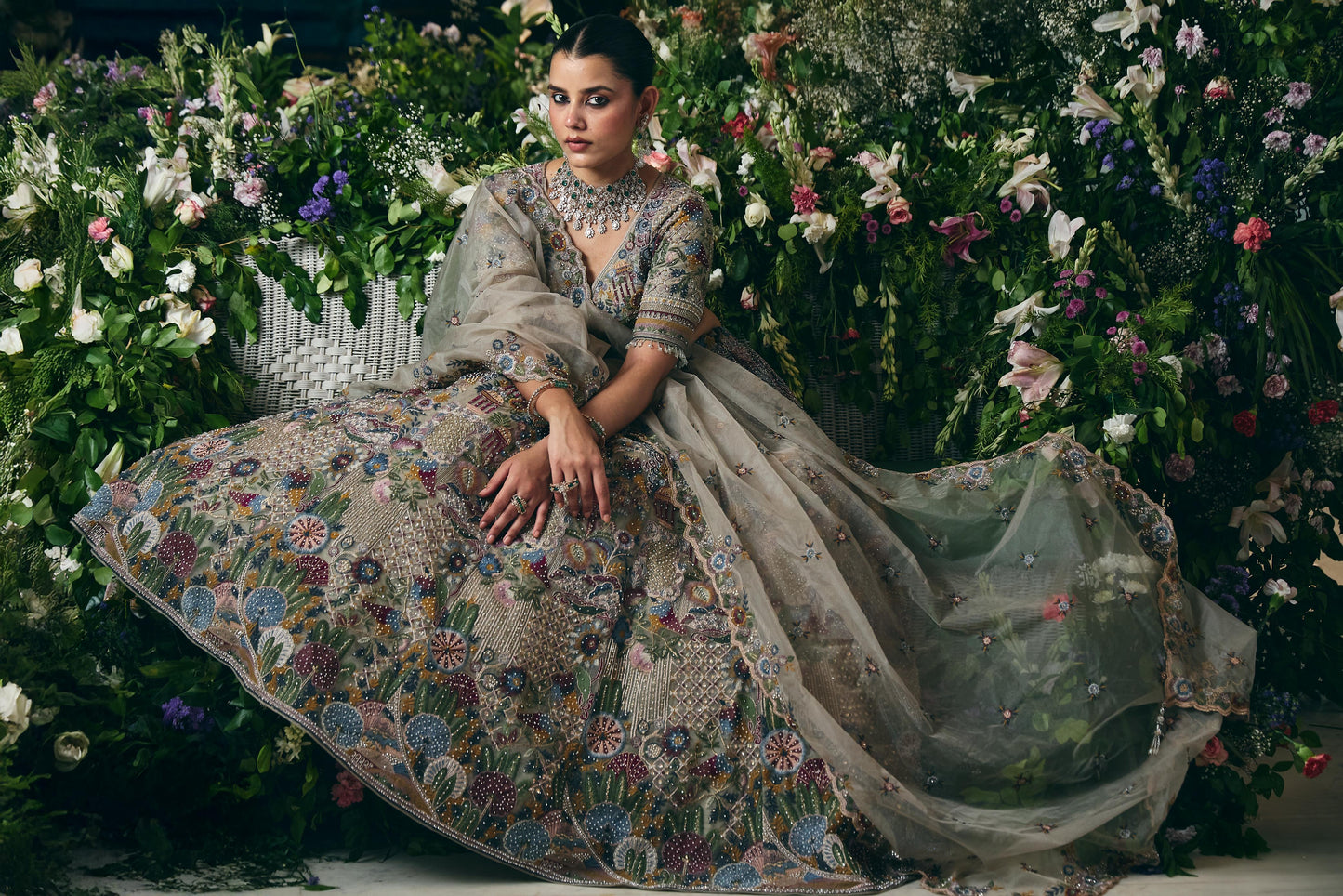 Enchanted Garden Pastel Bridal Lehenga Set with Heavy Multicolor Embroidery