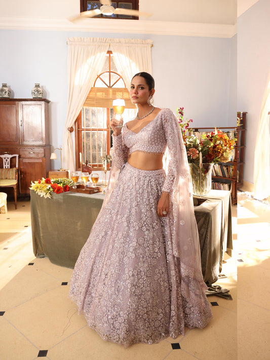Lavender Elegance Embroidered Lehenga Set with Dupatta