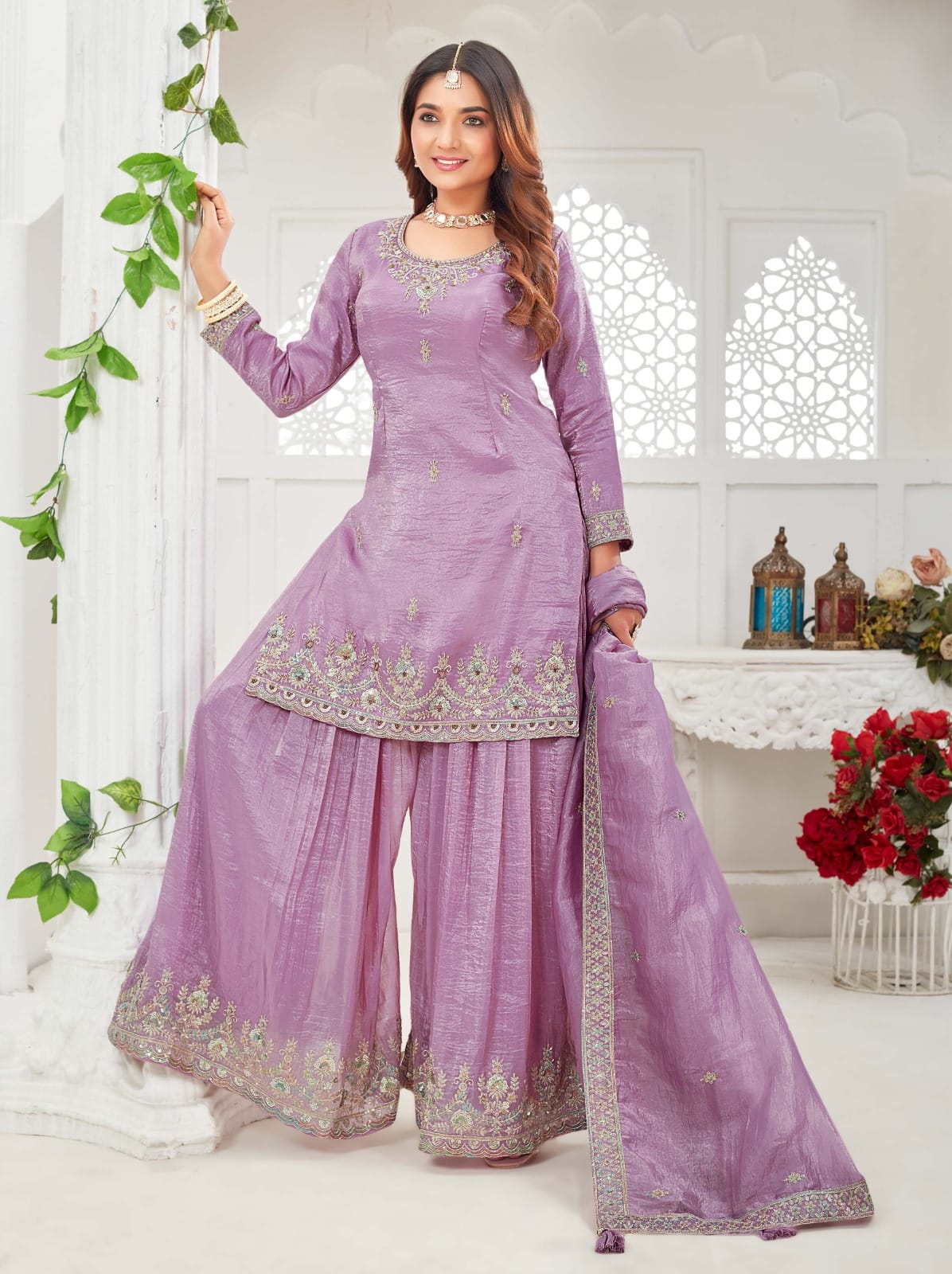 Lavender Embroidered Palazzo Suit Set