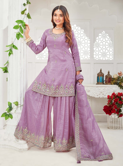 Lavender Embroidered Palazzo Suit Set