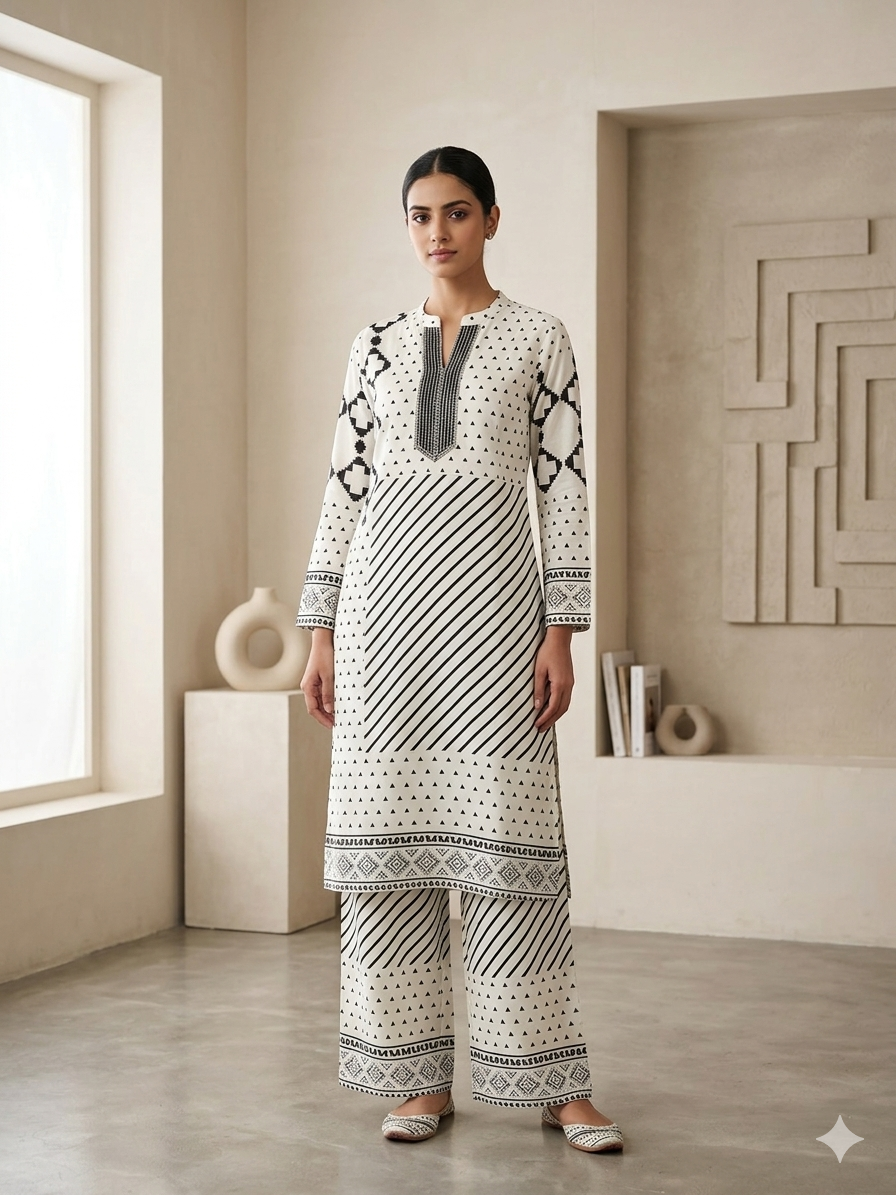 WHITE BASE WITH BLACK PRINT DESIGNER CO-ORD SET