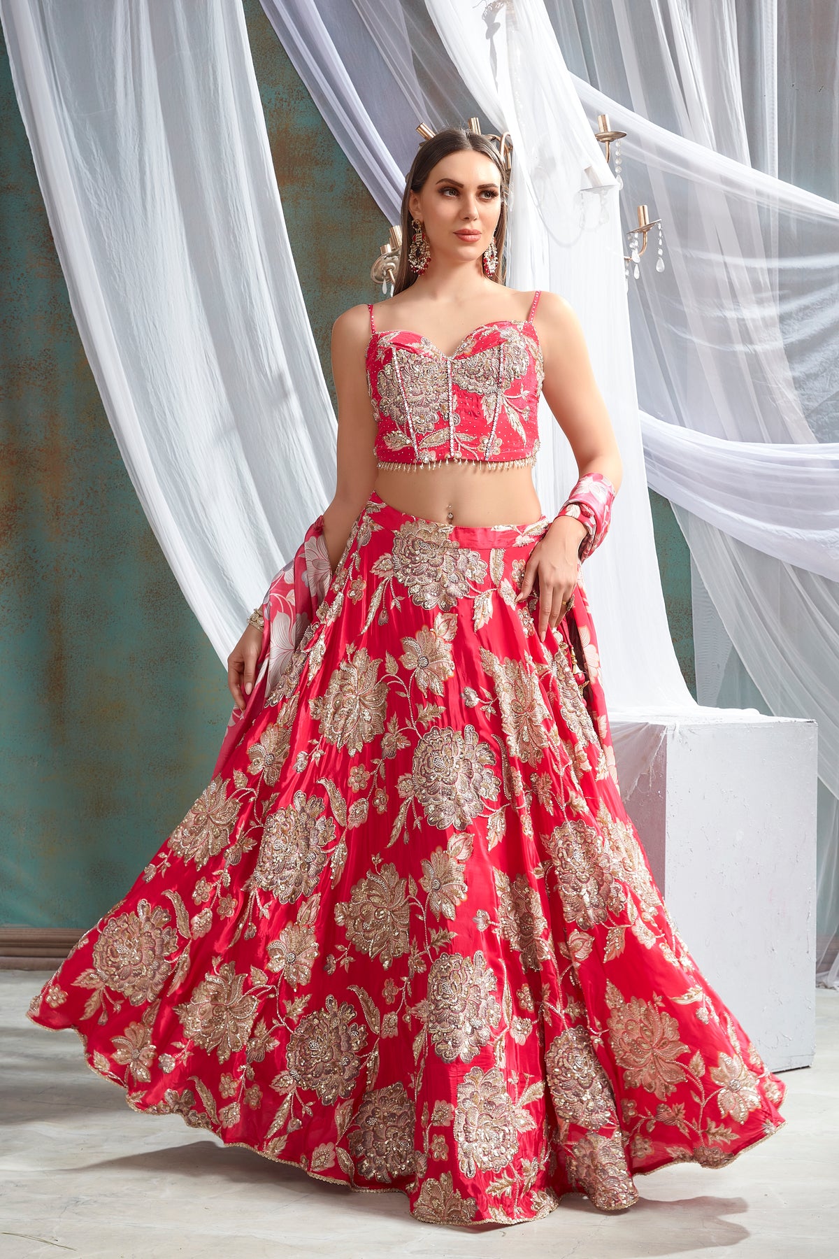 Crimson Floral Elegance Lehenga Set