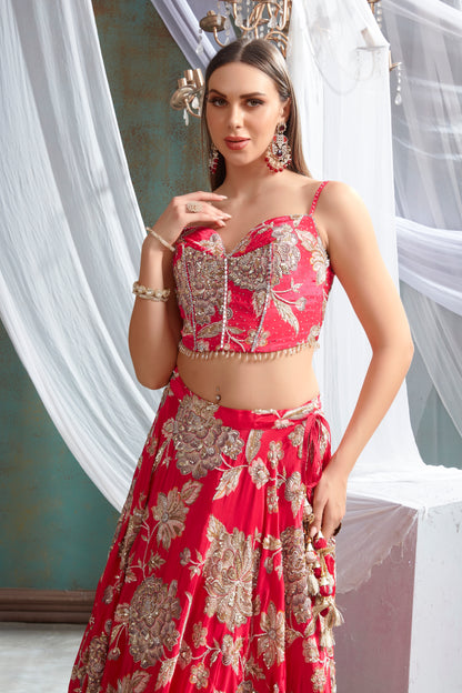 Crimson Floral Elegance Lehenga Set