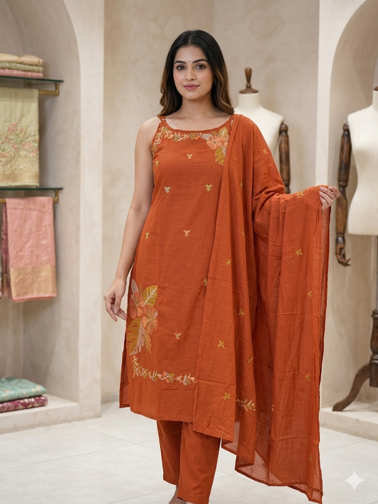 RUST BLOOM PURE COTTON KURTA SET