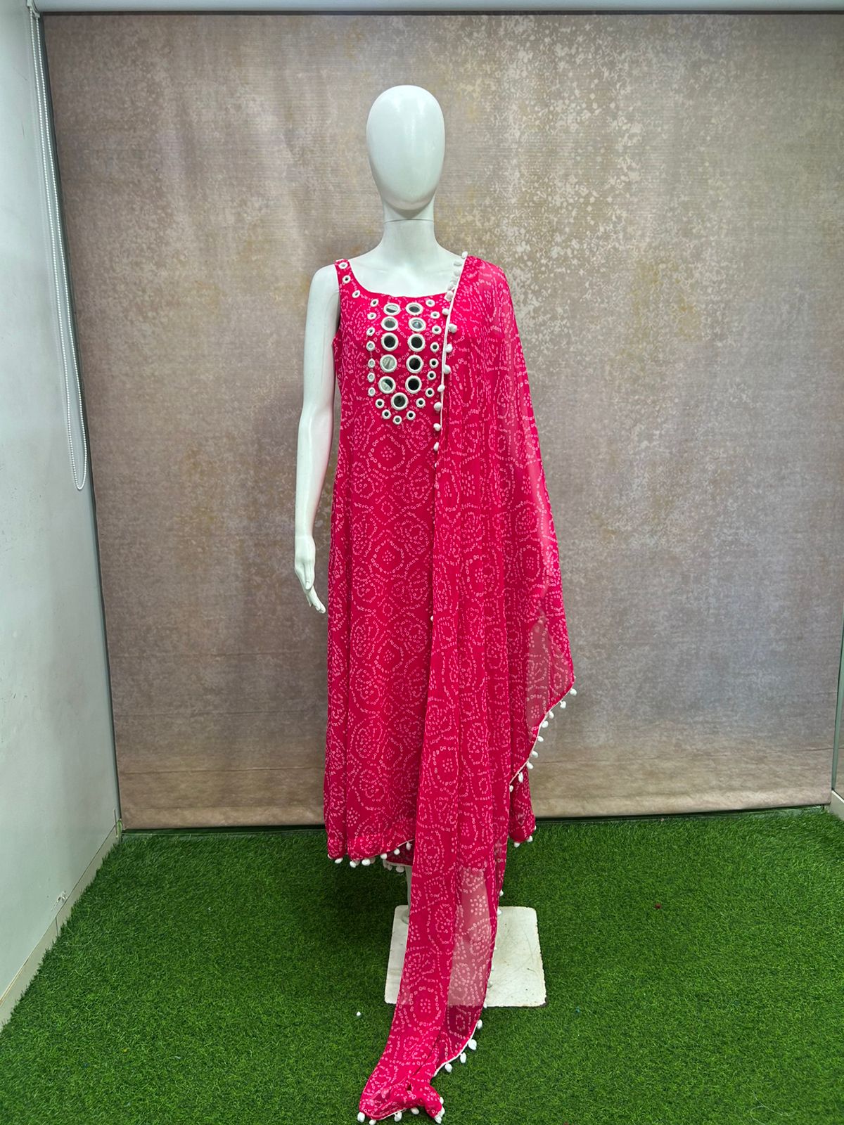 Bandhani suit with Mirror Embroidery