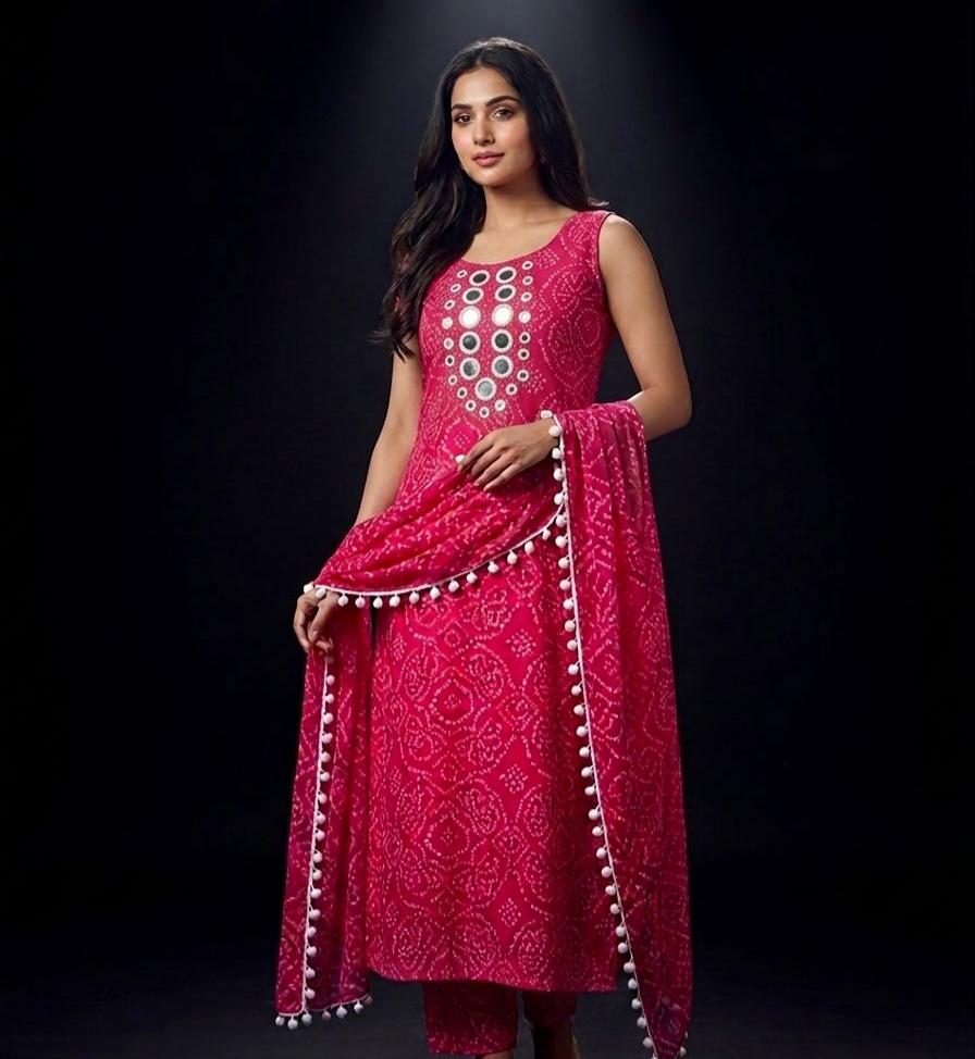 Bandhani suit with Mirror Embroidery