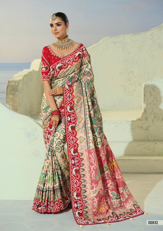 Ivory Cream & Crimson Heritage Patola Saree