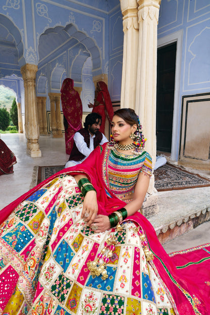 Royal Multicolour Patchwork Bridal Lehenga with Fuchsia Pink Dupatta