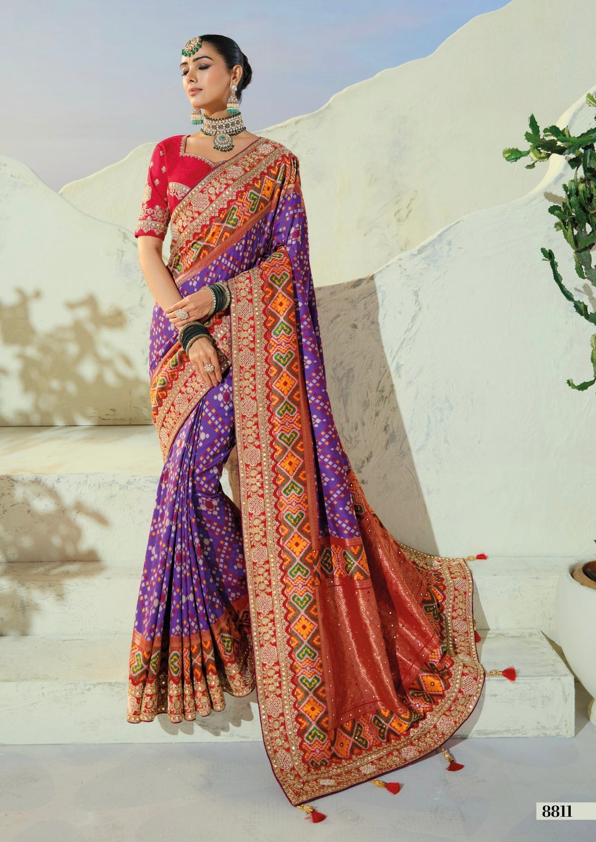 Majestic Purple Heritage Silk Saree with Crimson Accents