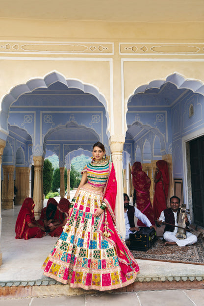 Royal Multicolour Patchwork Bridal Lehenga with Fuchsia Pink Dupatta