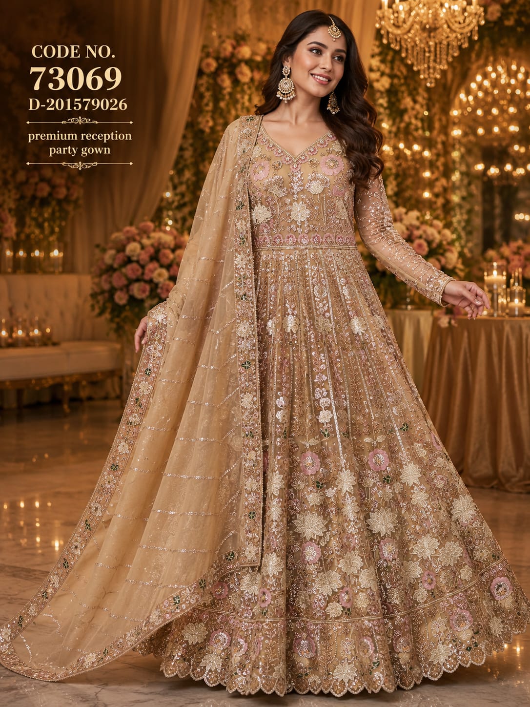 PREIMIUM ELEGENT  BLUSH   PINK  AND OFFWHITE , CREAME  WEDDING RECEPTION  PARTY GOWN  WINT HEAVY DUPATTA