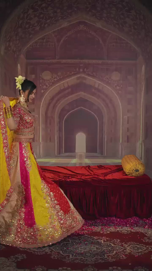 Royal Fuchsia Yellow Embroidered Lehenga Set
