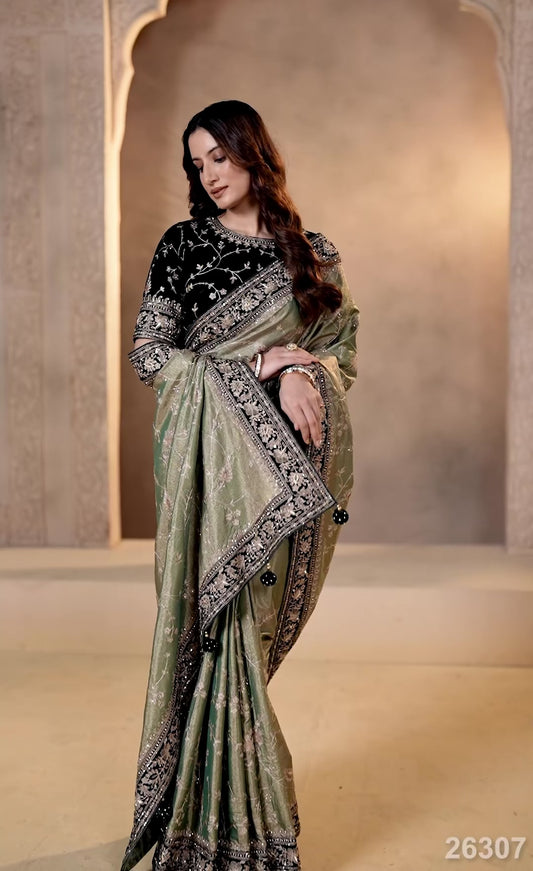 Elegant Olive Green Zari Tissue Silk Saree Design