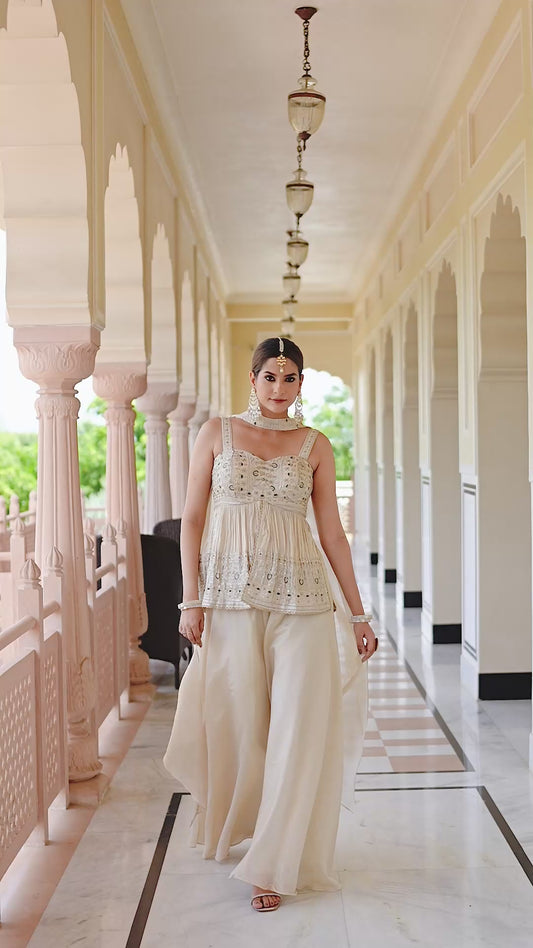 Elegant Beige Embroidered Palazzo Set for Festive Occasions