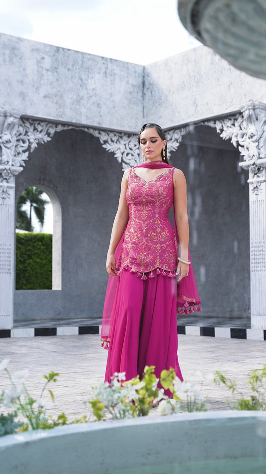 Rose Pink Embroidered Indo-Western Sharara Set
