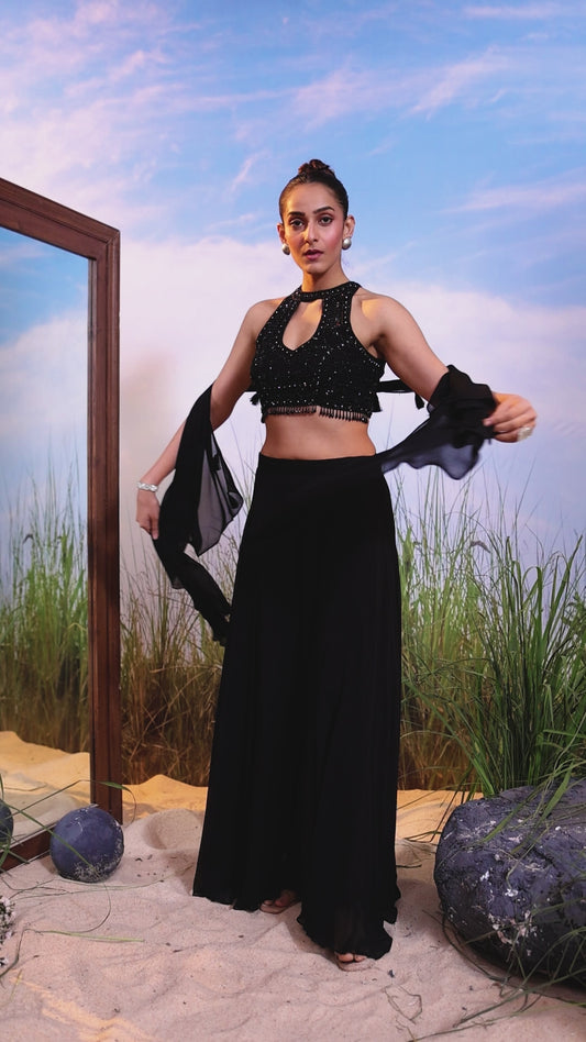 Black Sequin Halter Neck Lehenga Set