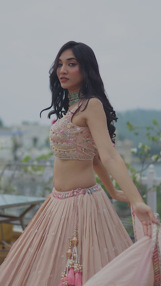 Blush Pink Mirror-Work Silk Lehenga Set – Gatha Collection