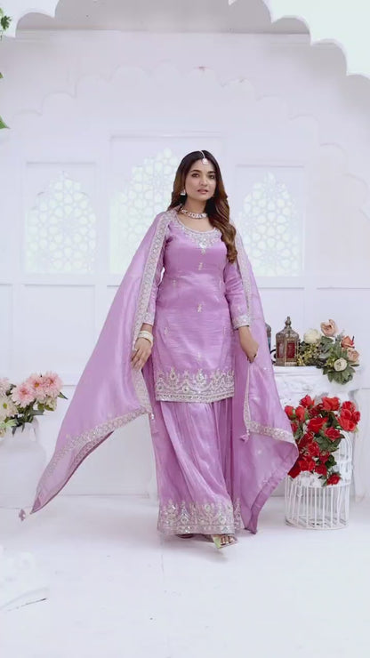 Lavender Embroidered Palazzo Suit Set