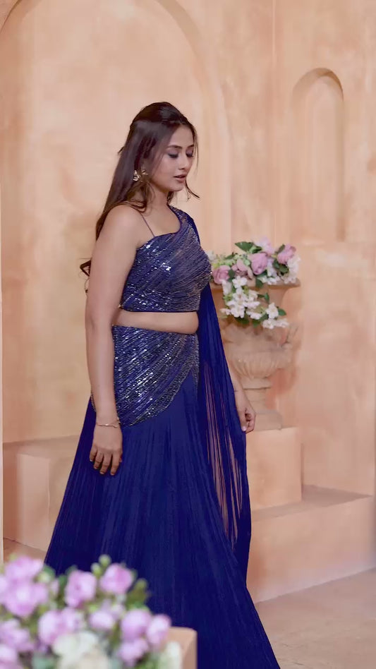 Midnight Blue One Shoulder Pleated Lehenga Set
