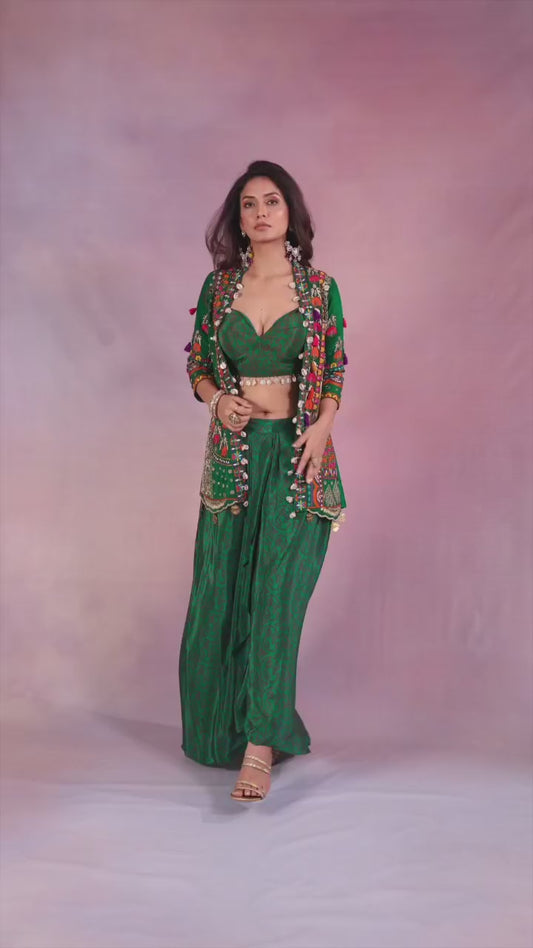 Emerald Green Modern Dhoti Set with Embroidered Mirror Work Jacket