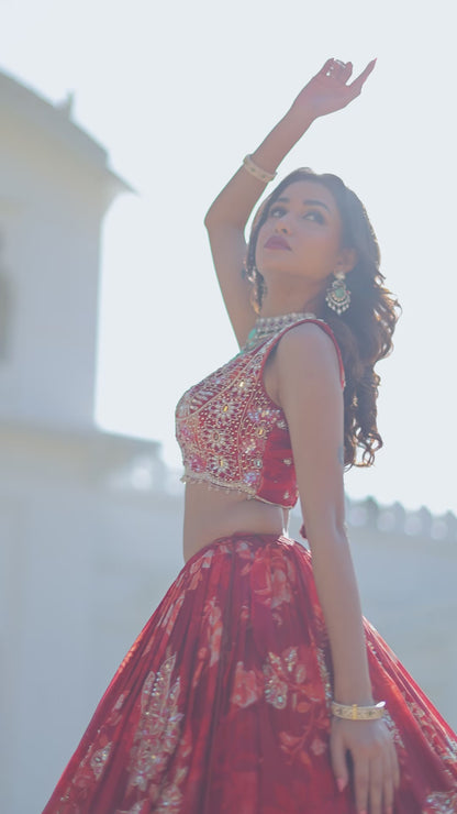 Minti Red Floral Designer Lehenga Set with Embroidered Blouse & Dupatta