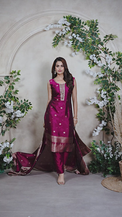 Majestic Plum Gold Embroidered Festive Salwar Suit Set Wine