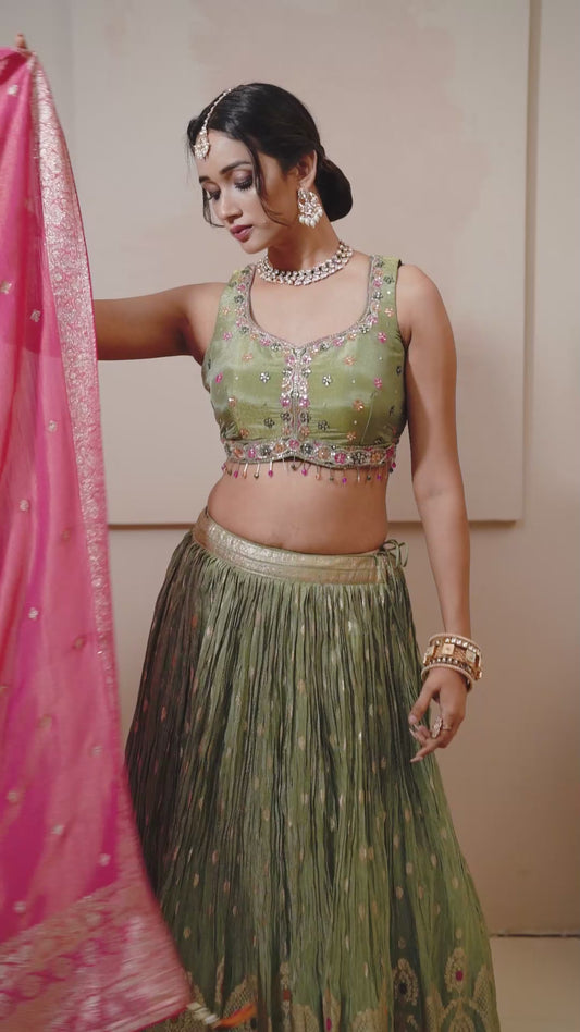 Olive Sunehri Leher Lehenga Set