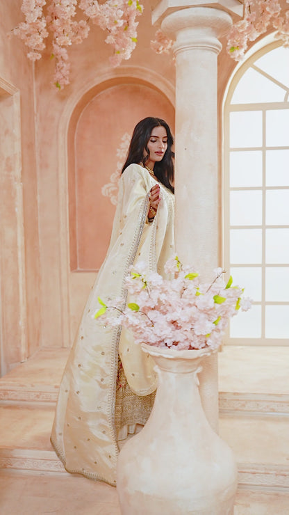 Elegant Beige Floral Embroidered Anarkali Plazo Set