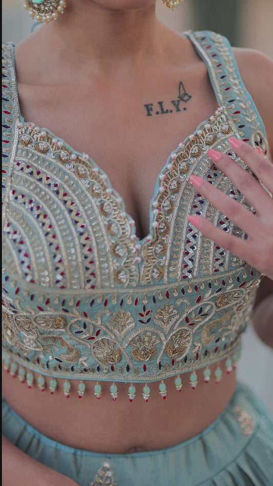 Dusty Teal Embroidered Lehenga Set