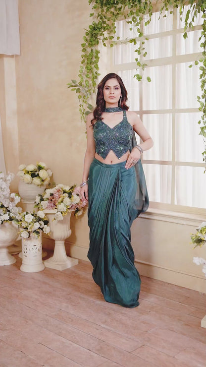 Emerald Teal Drape Saree Set
