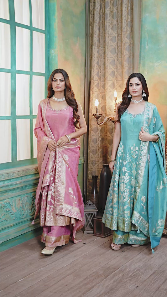 Designer Jacquard Anarkali Palazzo Set with Dupatta