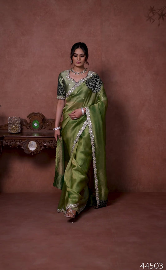 Olive Green Silk Saree with Cutwork Blouse & Embellished Border