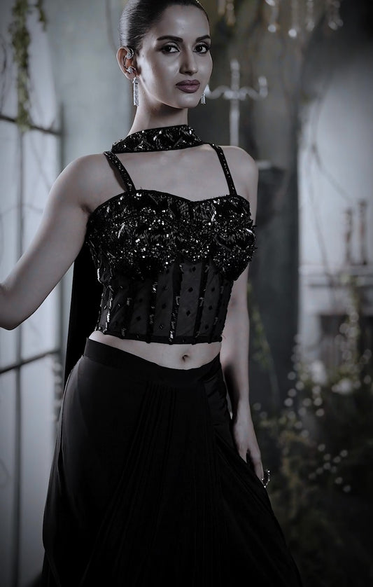 Midnight Black Sequin Corset Lehenga Set with Cape