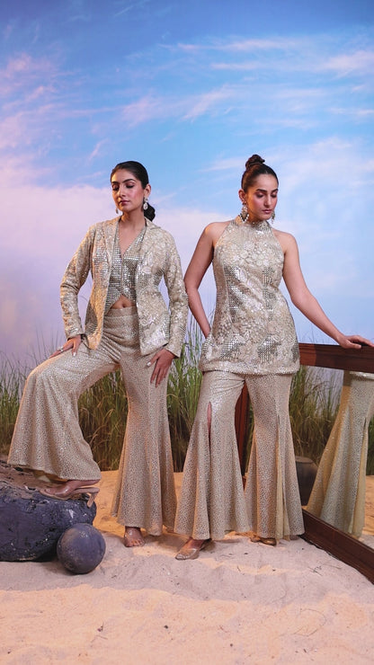 Champagne Gold Embellished Indo-Western Co-Ord Set with Blazer