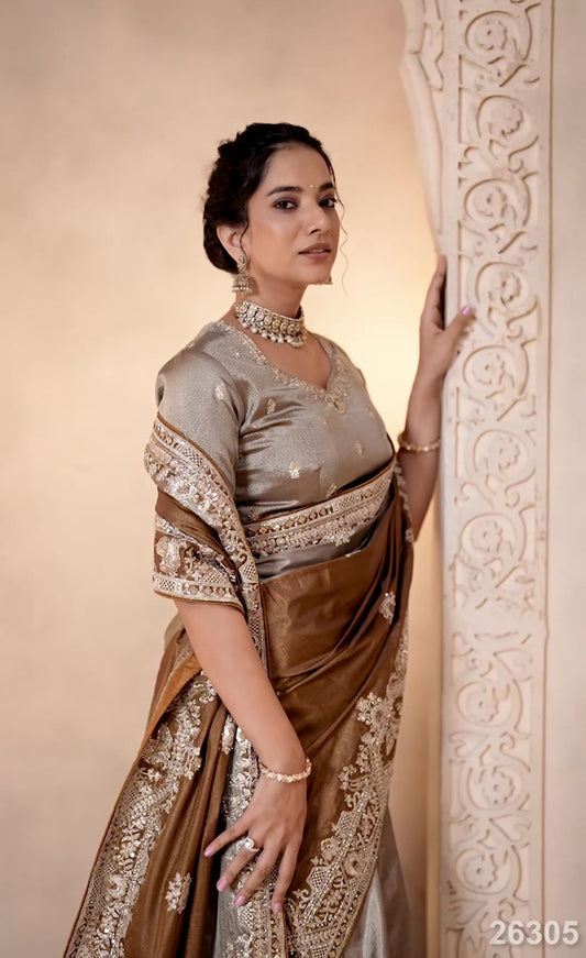 Champagne Gold Metallic Silk Saree with Zardozi Work