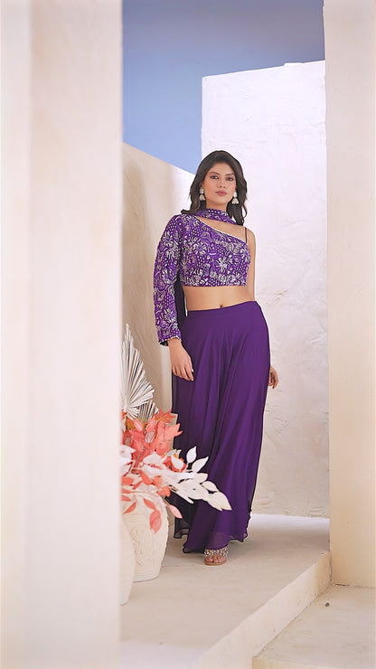 One Shoulder Mirror Work Crop Top with Flared Palazzo & Dupatta Set