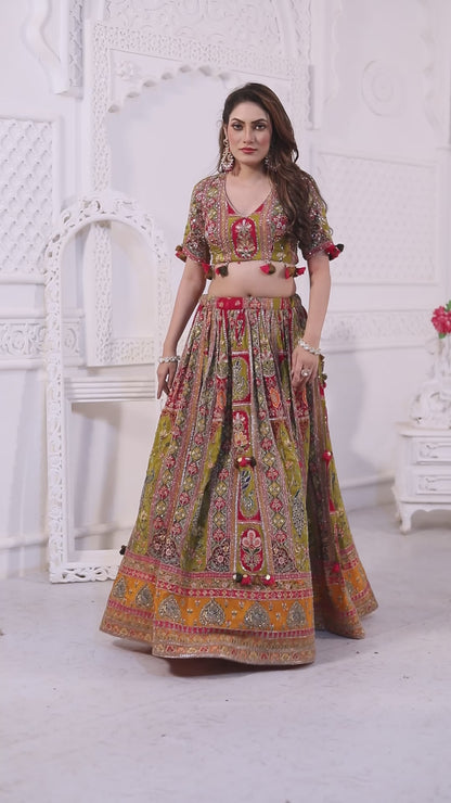 Traditional Multi-Color Gujarati Embroidered Lehenga Choli with Tassel Detailing – Festive Wear
