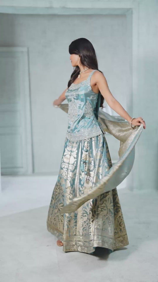 Ethereal Ice Blue & Silver Zari Lehenga Set