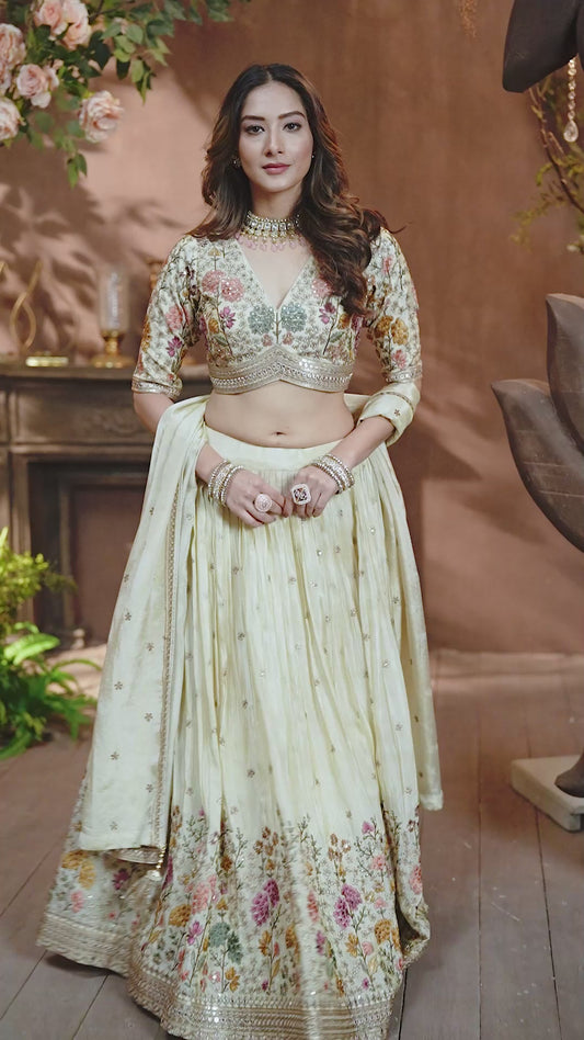 Ivory Floral Printed Lehenga Set with Embroidered Blouse & Dupatta