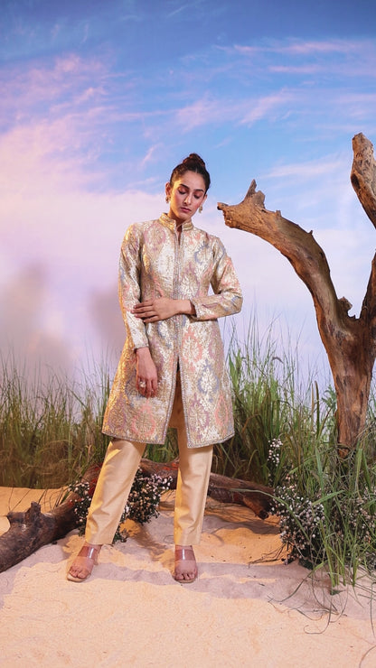 Pastel Gold Embroidered Long Jacket Set
