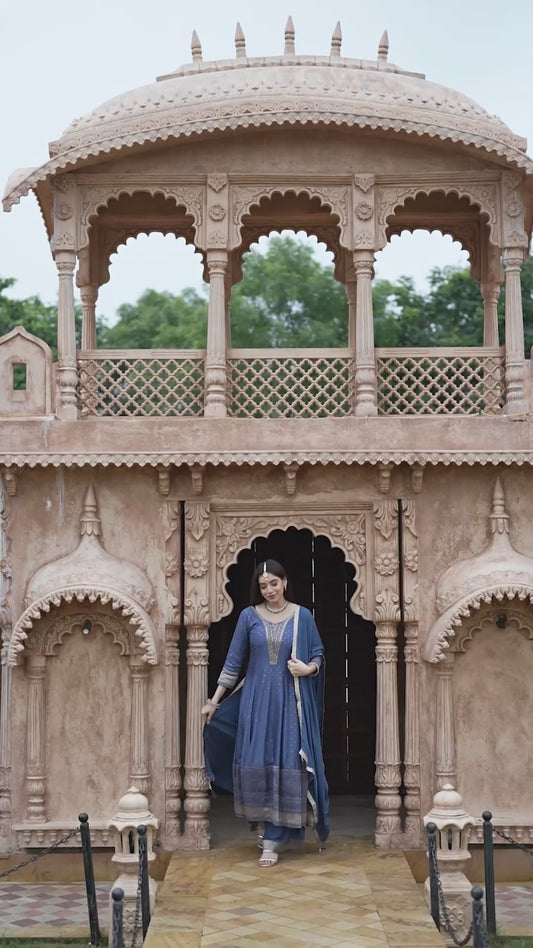 Regal Blue Palazzo Suit With Elegant Embroidery Detailing