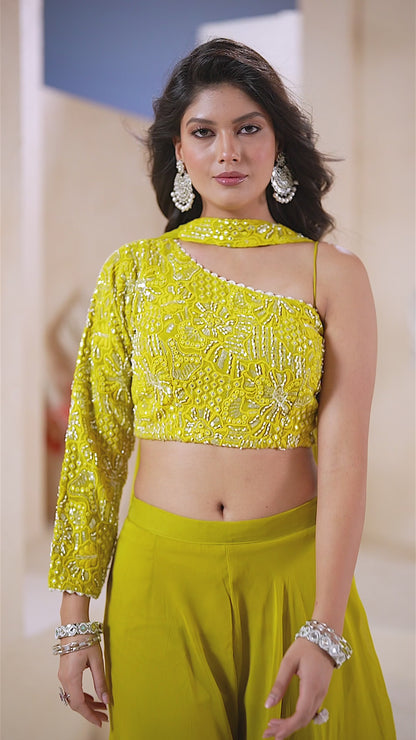 One Shoulder Mirror Work Crop Top with Flared Palazzo & Dupatta Set