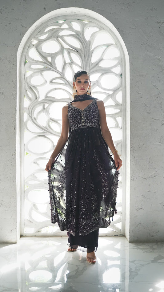 Black Embellished Anarkali Suit with Dupatta